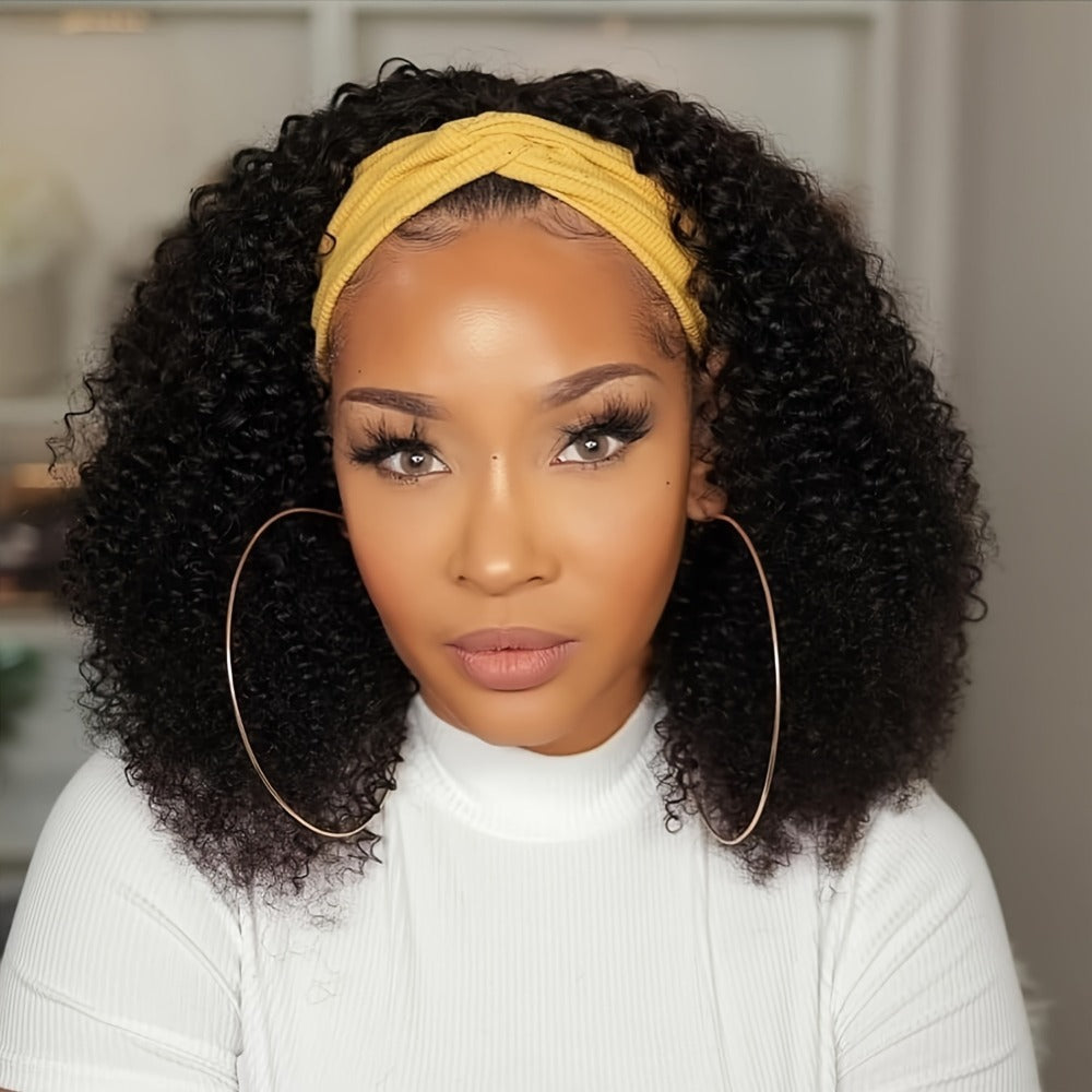 Headband Wig Curly Wavy for Women Black Synthetic Glueless No Lace – Elastic Cap Heat Resistant Beginner Friendly for Daily W