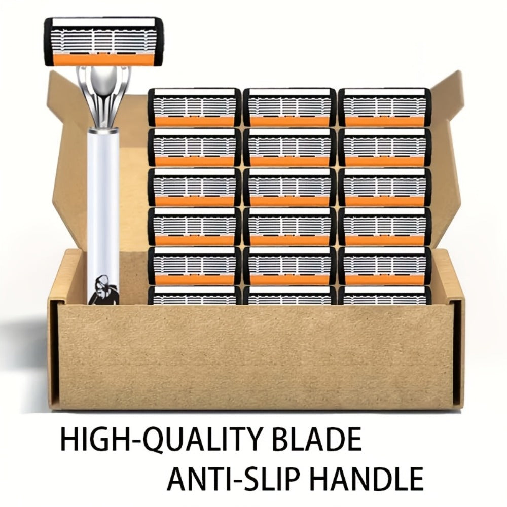 6-Layer Blade Men's Razor Set with Lubricating Strip 2 Handles & 36 or 72 Replacement Blades – Smooth Close Shave Contour-Fit