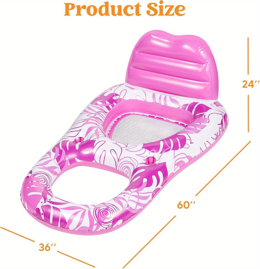 Pink Tropical Inflatable Pool Recliner Float, 60 x 36 x 24 Inches with Mesh Seat and Cup Holder — image 13