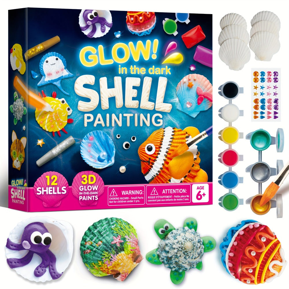 Seashell Painting Craft Kit with 12 Shell Forms, Glow-Labeled Paints, Brushes, Gems and Stickers — image 1