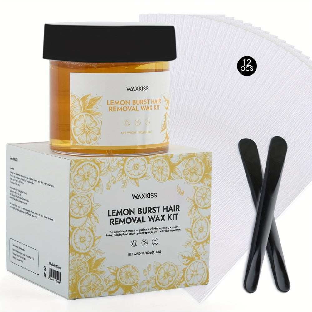 Sugar Wax Hair Removal Kit 300g – Gentle Soft Wax with Strips & Sticks for Body Hair Removal, Lemon or Activated Carbon Formu