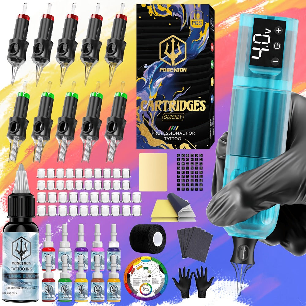 Wireless Tattoo Machine Kit Complete - POSEIDON V5 Rotary Pen with LCD Screen 1500mAh for Temporary Body Art, Festivals and C