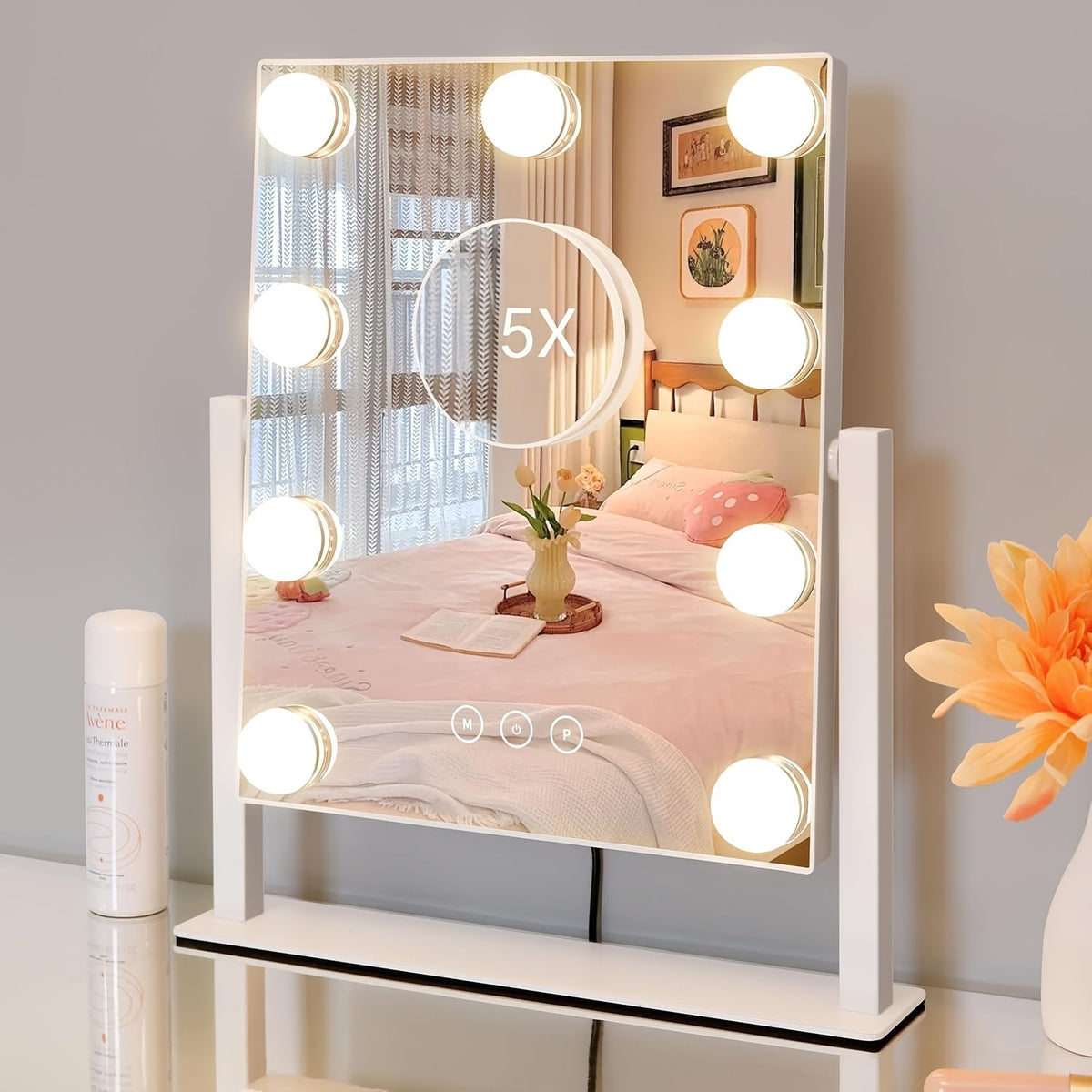 Makeup Mirror with Nine Bulb-Style LEDs, Three Light Colors, Touch Memory, 360° Rotation and Optional 5X Mirror — image 11
