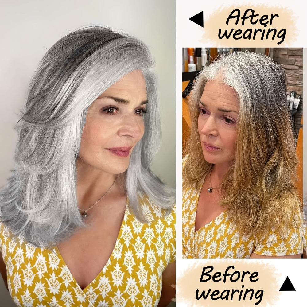 Synthetic Wig 18-Inch Layered Silvery Waves with Highlights in Two Colors and Rose Net Cap — image 5