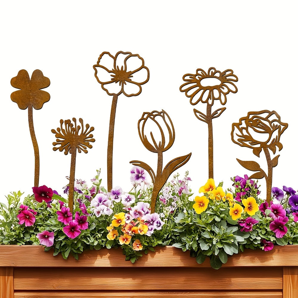 Rustic Flat Metal Flower Garden Stakes, Six-Piece Rose, Daisy and Botanical Set for Pots and Borders — image 3