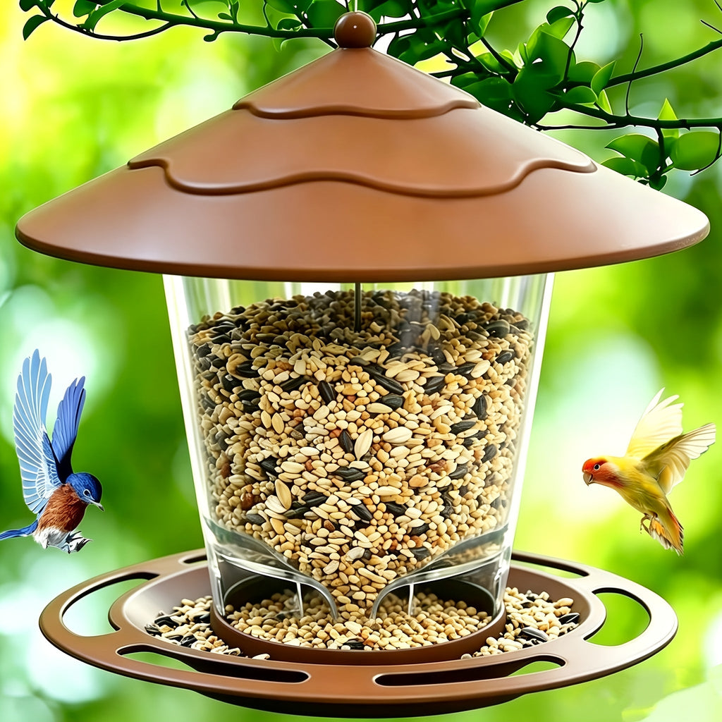 Hanging Bird Feeder with Tiered Roof, Clear Seed Chamber and Brown, Grey or Green Finish Options — image 2