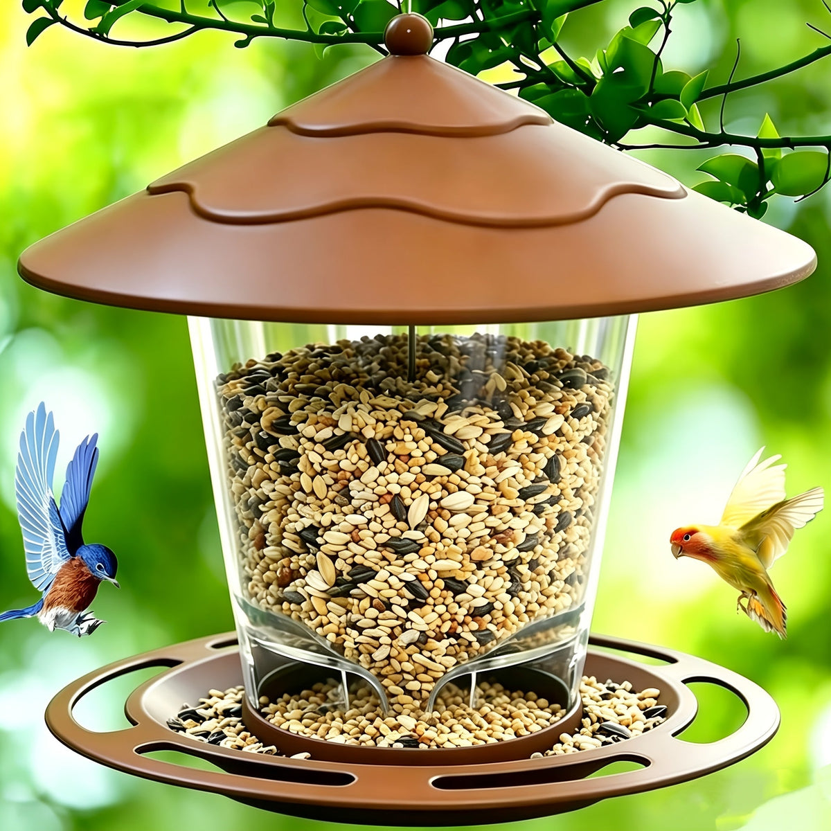 Hanging Bird Feeder with Tiered Roof, Clear Seed Chamber and Brown, Grey or Green Finish Options — image 2