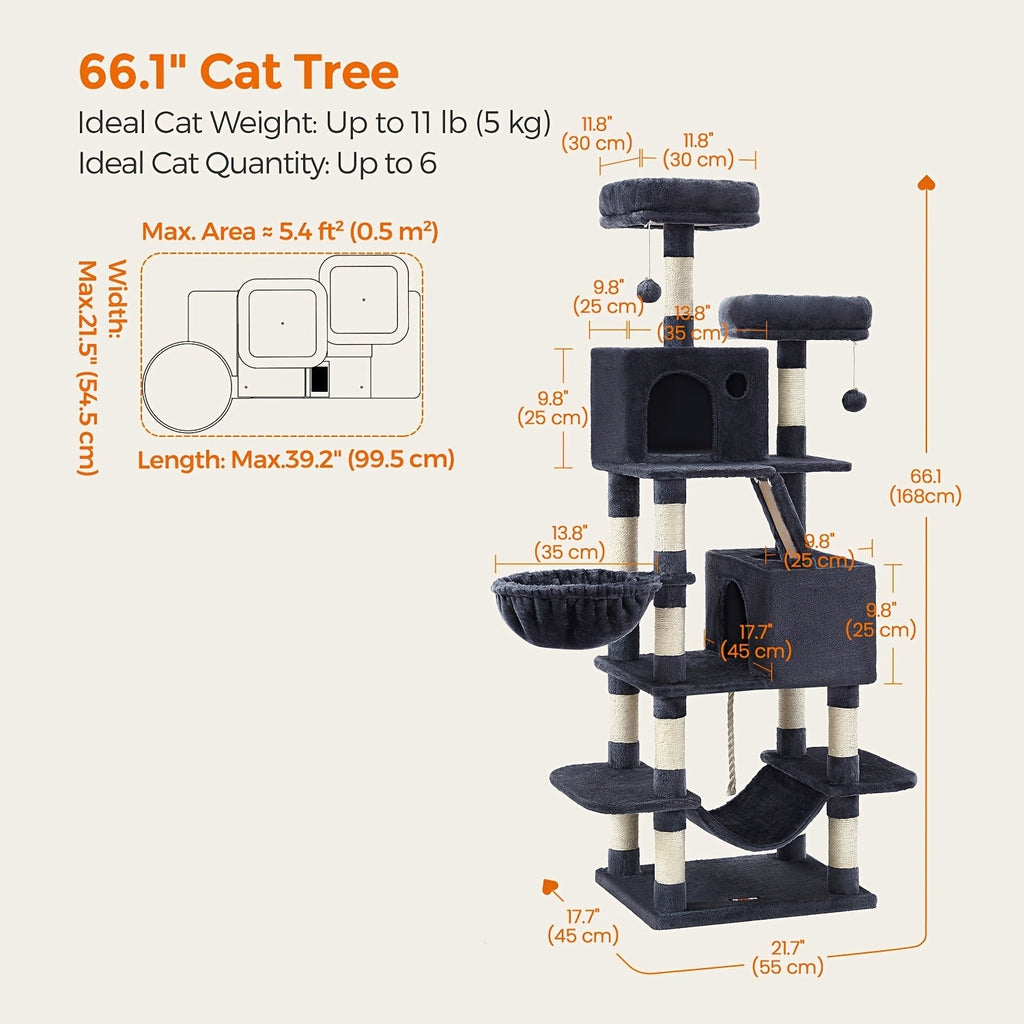 44- or 66-Inch Cat Tree Condo with Cave, Hammock, Raised Platforms and Four Color Options for Indoor Cats — image 14