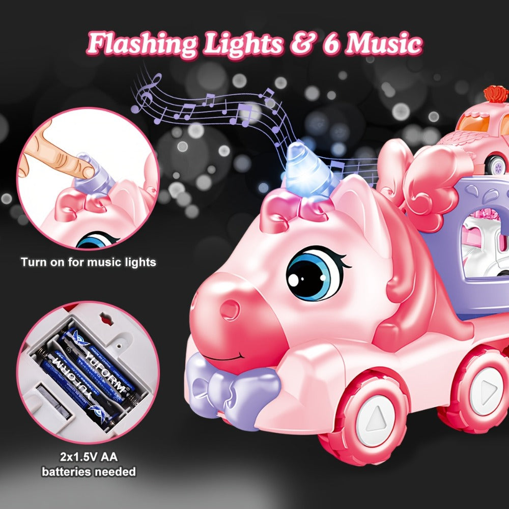 Pink Carrier Truck Toy with 4 Mini Cars, Music & Lights, Battery Powered Pull-Back Transport Vehicle for Girls Boys Ages 3+ —