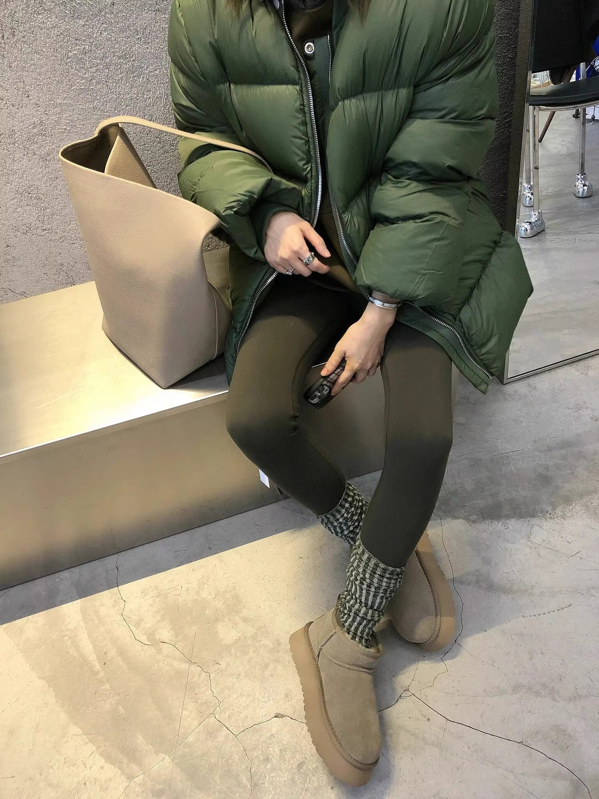 Warm Dark Green Collarless Cotton Coat Jacket Women