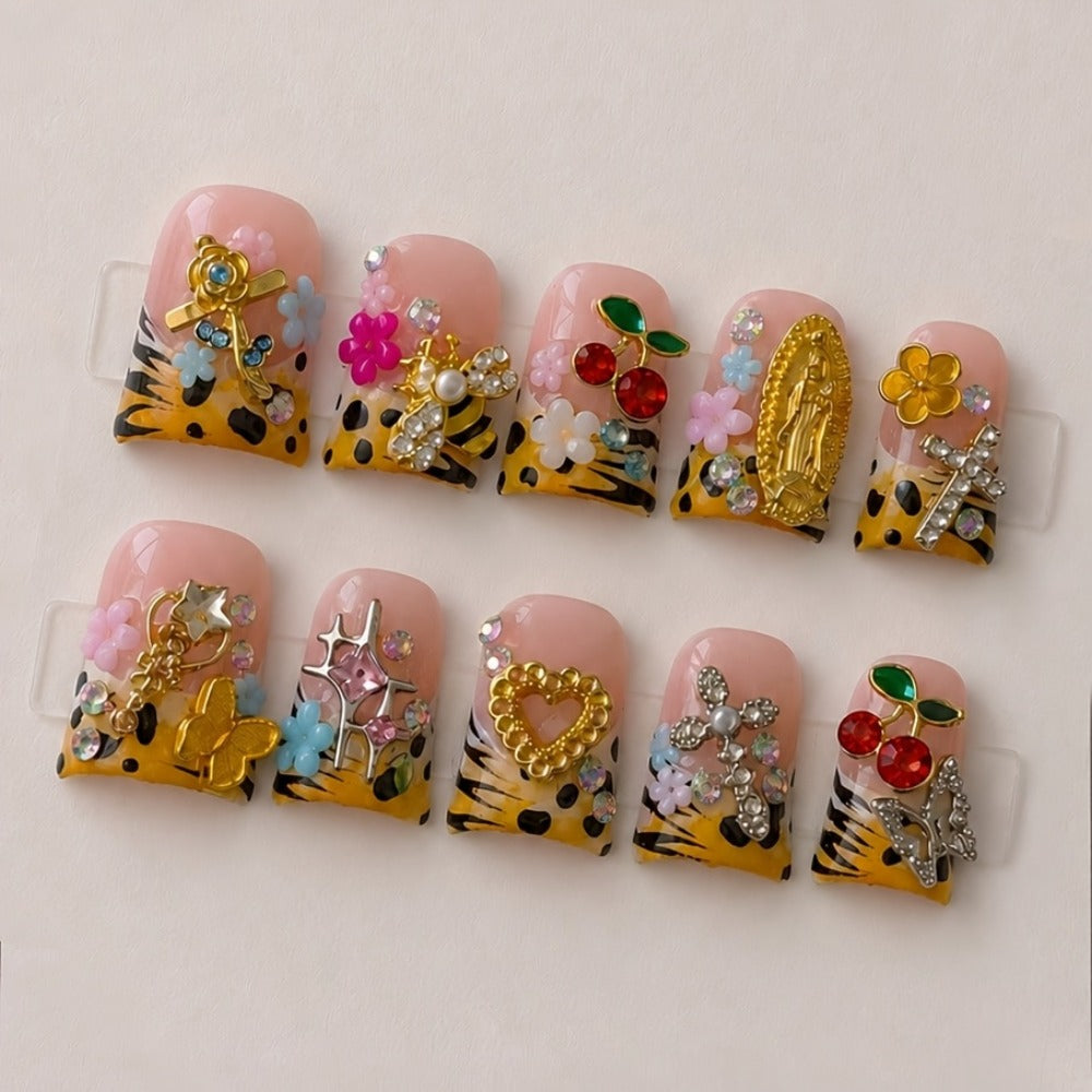Press On Nails 10-Piece Short Duck-Tip Acrylic Set with Cherry, Bee, Flower, Cross and Star Designs — image 3