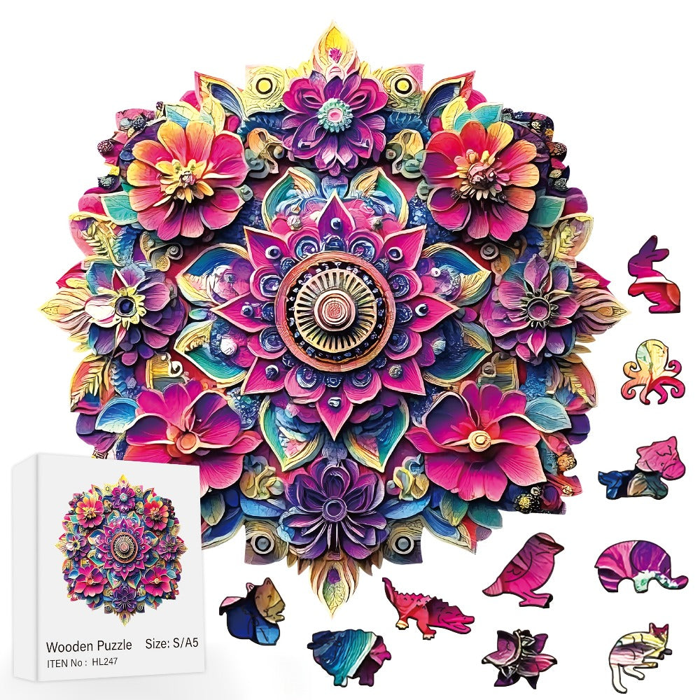 Floral Mandala Wooden Jigsaw Puzzle with Irregular Pieces and S, M and L Options from 5.31 to 11.02 Inches — image 2