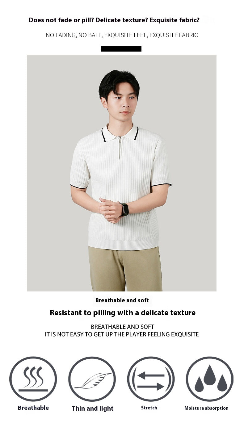 Men's Half-zip Ice Silk Knitted Lapel Vertical Striped Top