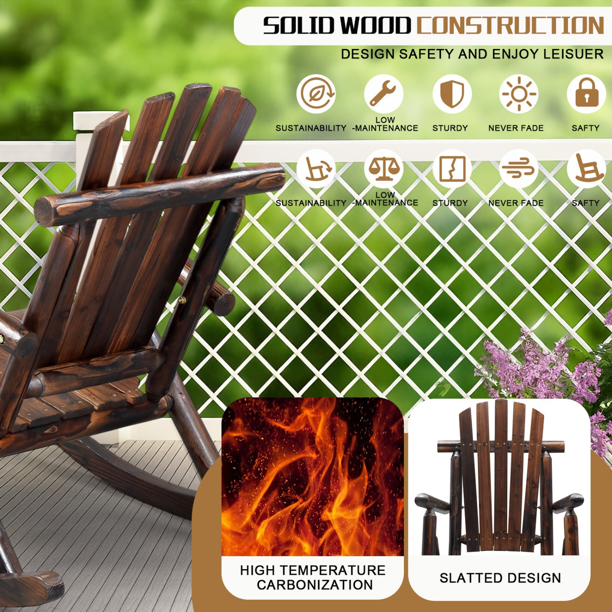 Patio Cedar Rocking Chair 26" Fan-Shaped Backrest Outdoor Rocker for Garden Poolside Patio — image 13