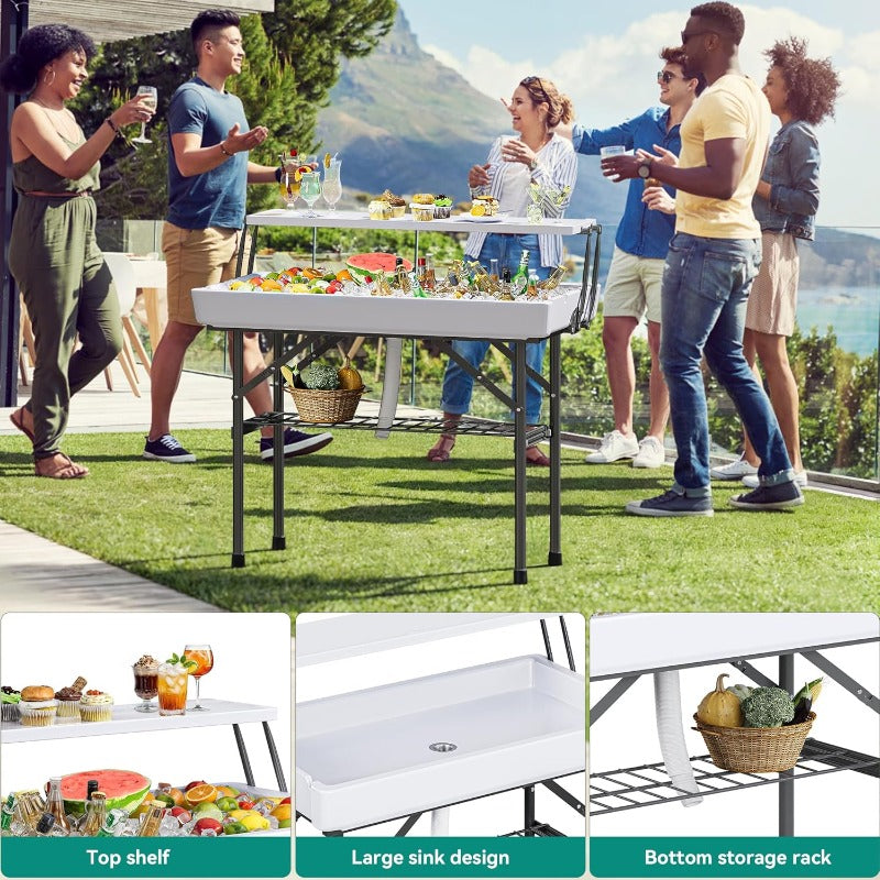 2-Tier Ice Table 40.5" Folding Bar Cooler with Drain, Skirt & Metal Shelf, Double-Layer Outdoor Beverage Station for Parties 