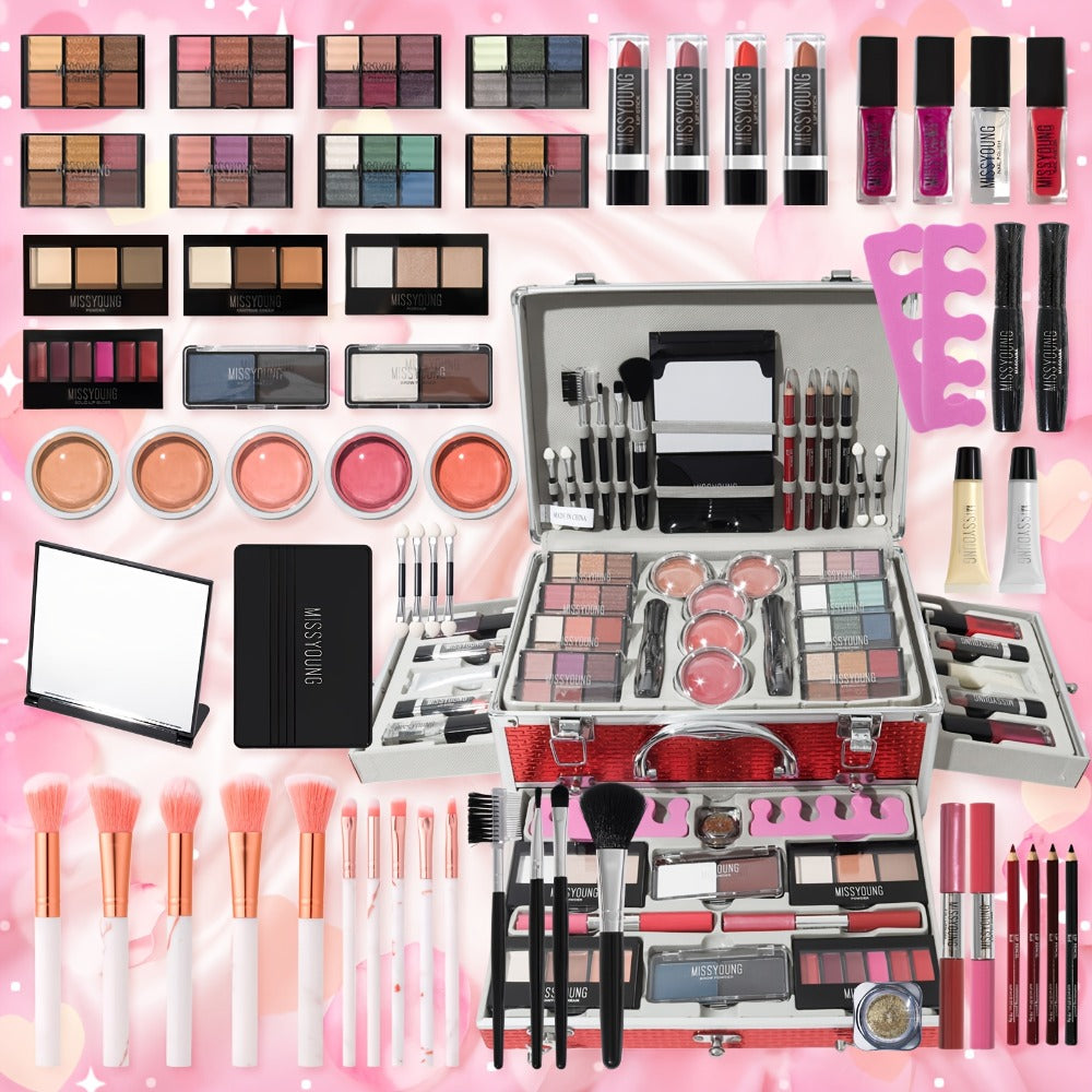 106-Piece Makeup Case Set with Red or Silver Carry Case, Fold-Out Color Palettes, Lip Products and Ten Makeup Brushes — image
