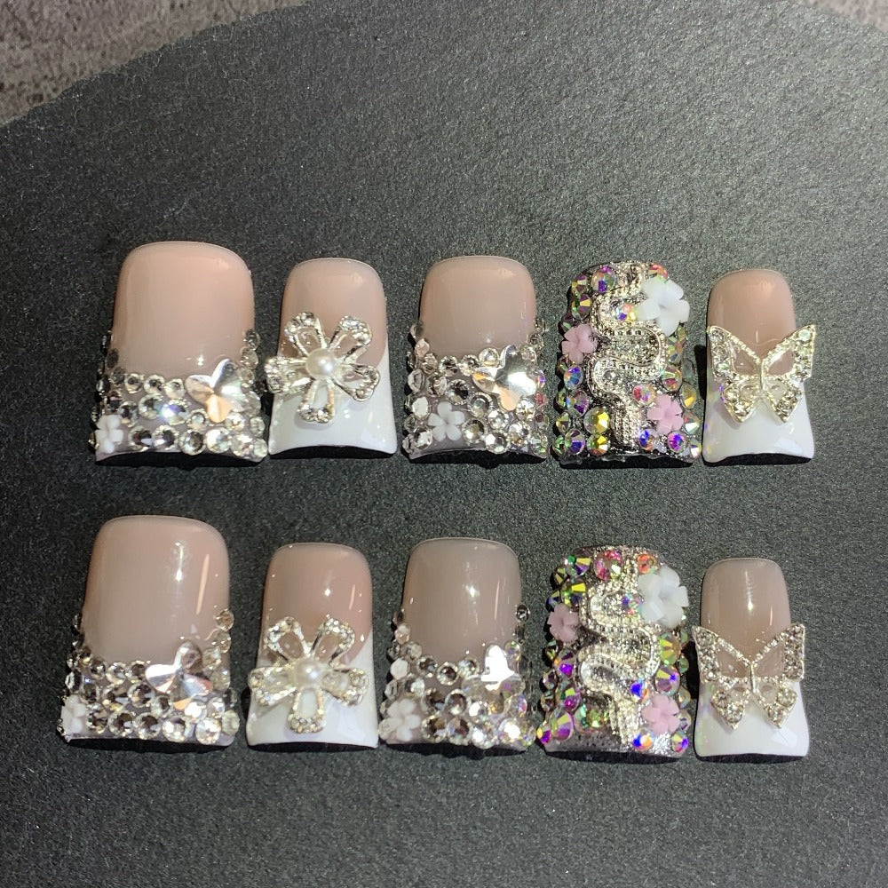 Press On Nails 10-Piece Duckbill Acrylic Set with White French, Floral and AB Shimmer Designs in S, M or L — image 8