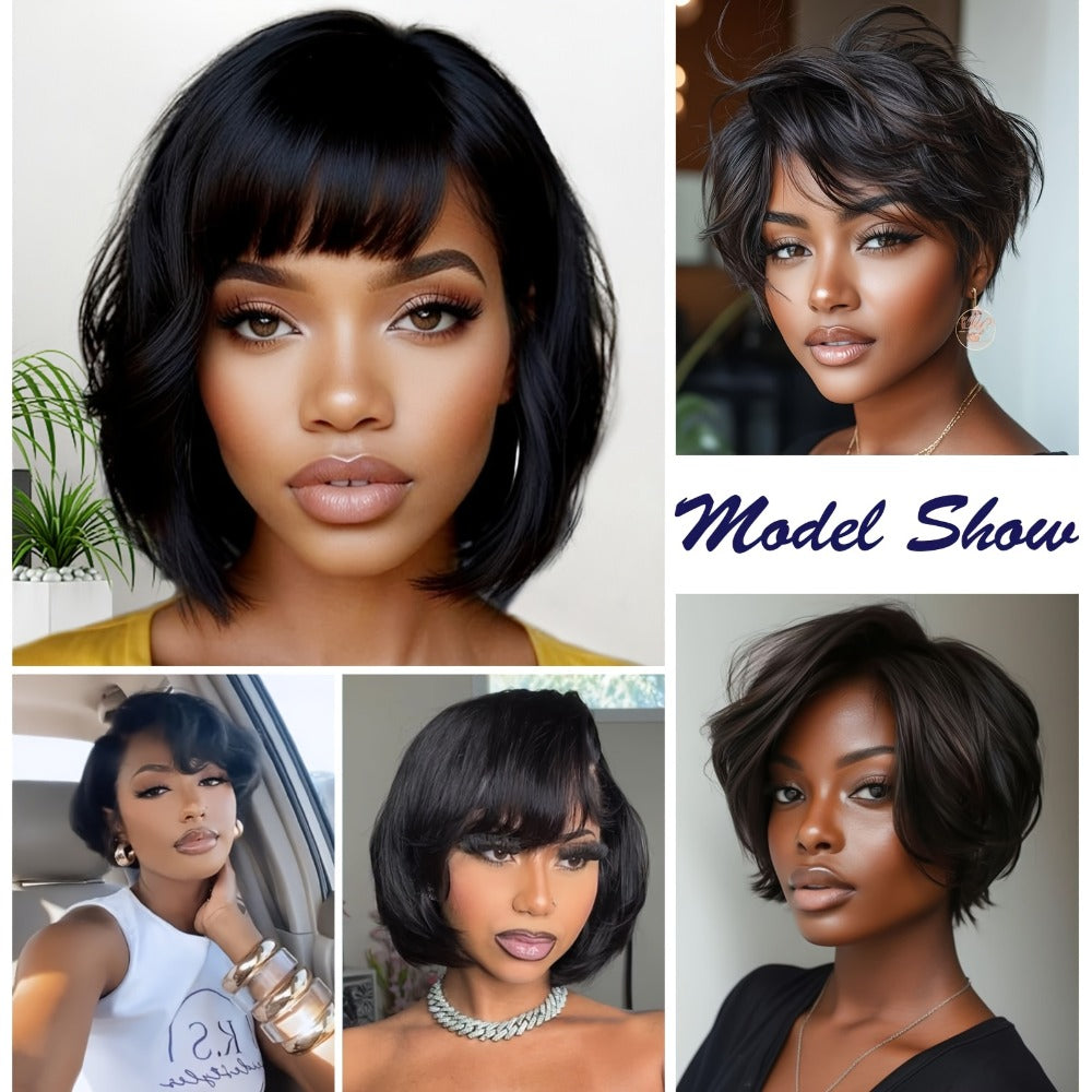 8-Inch Curly Pixie Bob Human Hair Wig in Black with Bangs, 150% Density and Machine-Made Cap — image 5