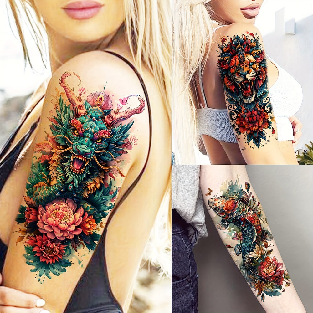 Temporary Tattoos, 71-Sheet Old School and Gothic Set with Tiger, Wolf, Lion, Dragon, Skull and Floral Motifs — image 6