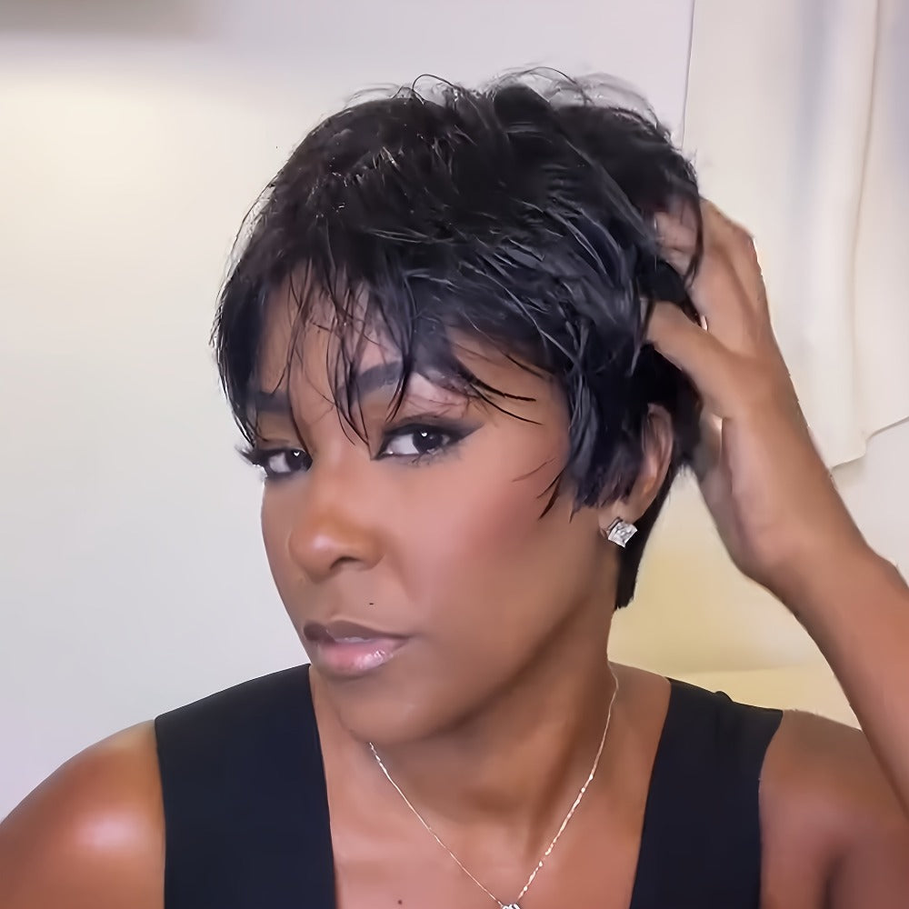 Pixie Cut Wig Human Hair with the Bangs and a Full Black Cap — image 1