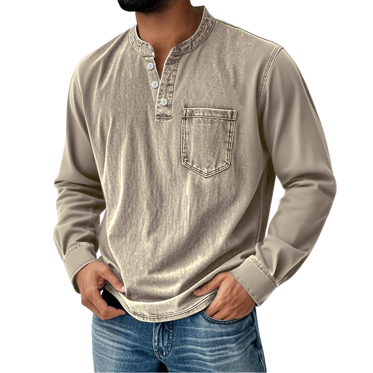 Printed Three-button Long-sleeve T-shirt For Young Men Casual