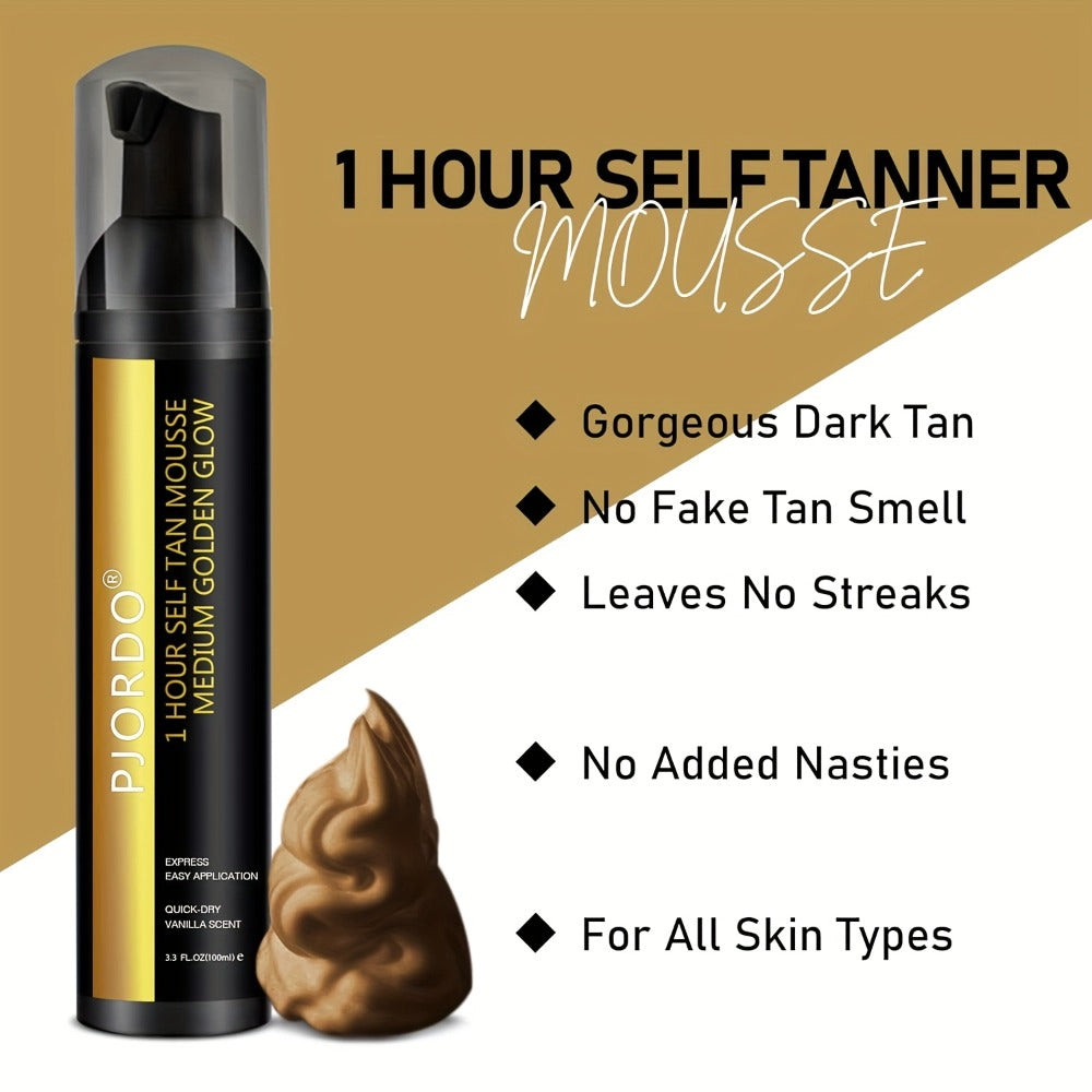 Sunless Tanning Mousse Kit 6-Piece Set with Mitt Applicator – Self Tanner Foam 1 Hour Fast Tan No Fake Smell — image 5