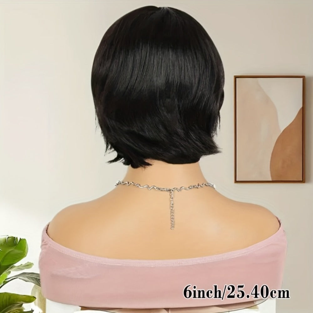 Wig Short Curly Wavy Pixie Bob in Natural Black, 6-Inch Human Hair with Bangs and Rose Net Cap — image 4