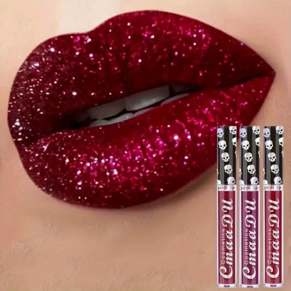 Glitter Lip Gloss Set 3pcs Skull Design Shimmer Liquid Lipstick Long Lasting Easy Remove Bold Shiny Lip Color for Music Festi