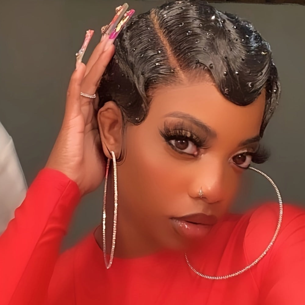 4-Inch Finger Wave Pixie Human Hair Wig with 180% Density, Rose Net Cap and 1B or 613 Color — image 2