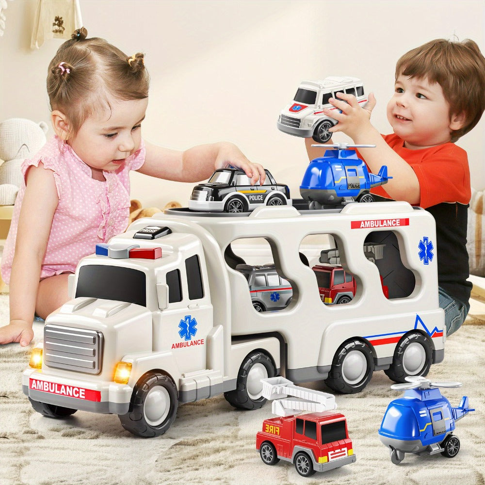Ambulance Truck Toy 5-in-1 Carrier Set with Lights & Sounds, Friction Power Emergency Vehicle Playset for Kids Boys Ages 3+ —