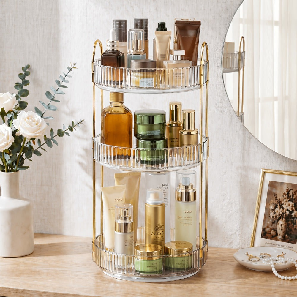 Three-Tier Rotating Makeup Organizer with 360-Degree Base in Green, Amber or Transparent Finish — image 2