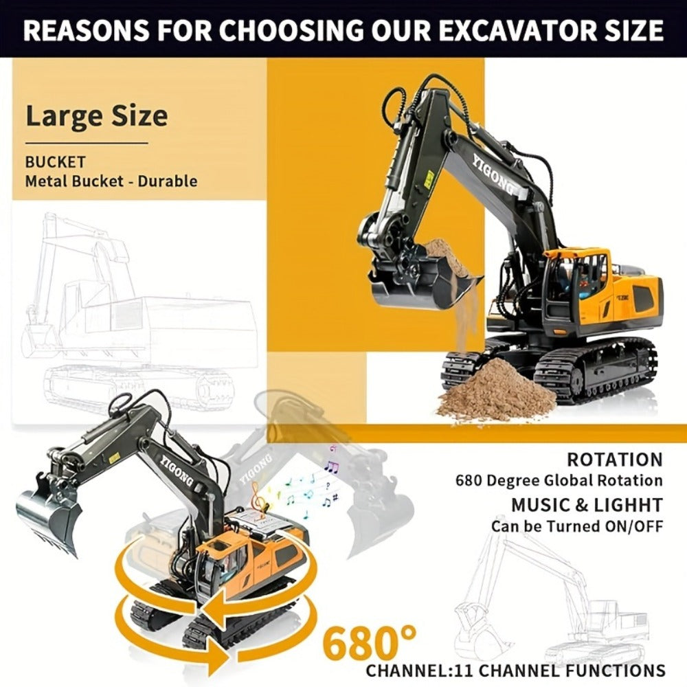 RC Excavator Toy 1:24 Scale 2.4GHz 9-Channel Remote Control with Alloy Metal Cap Lights & Sound Rechargeable Battery — image 
