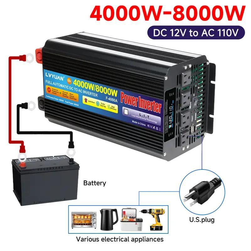 Pure Sine Wave Power Inverter 4000W 8000W Peak DC 12V to AC 110V with LCD Display Remote Control 4 AC for Garden, Patio and Y