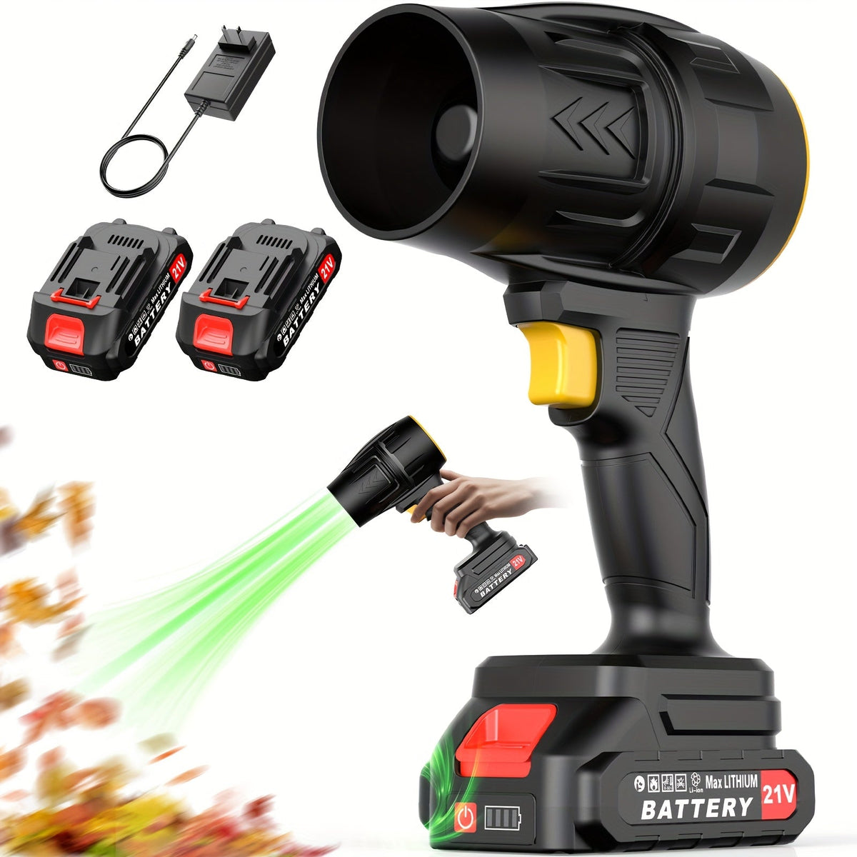 21V Cordless Leaf Blower in Black with 40, 000 RPM Marking, Two Battery Packs, Charger Cable and Nozzle Pieces — image 1