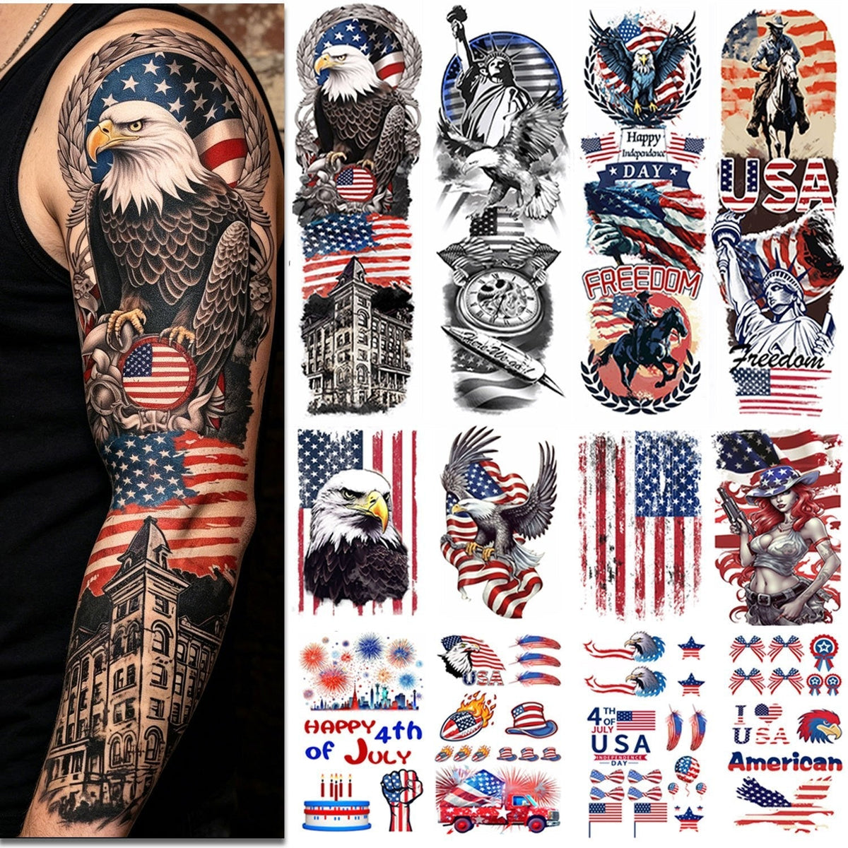 4th of July Temporary Tattoos 14 Sheets Patriotic American Flag Sleeve Tattoo Stickers Red White Blue — image 2