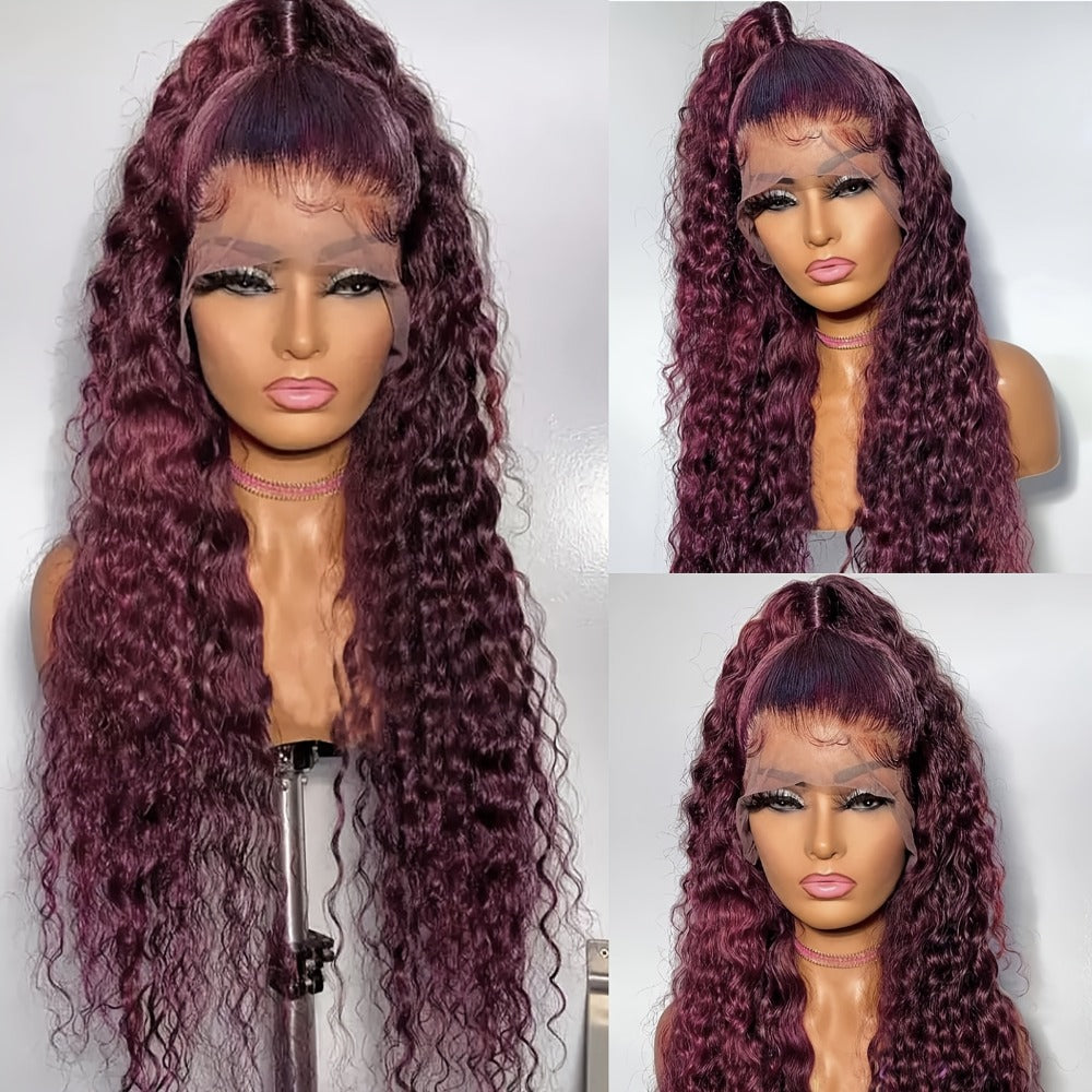 Lace Front Wig 99J Burgundy Deep Wave, 32-Inch Style with 200% Density, 13x4 Front and Four-Comb Cap — image 7