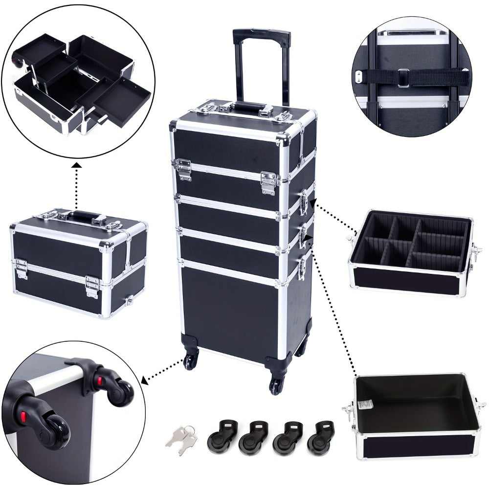 Rolling Makeup Case Aluminum 4-in-1 Extra Large Professional Cosmetic Trolley with 360° Swivel Wheels for Makeup Artist Tatto