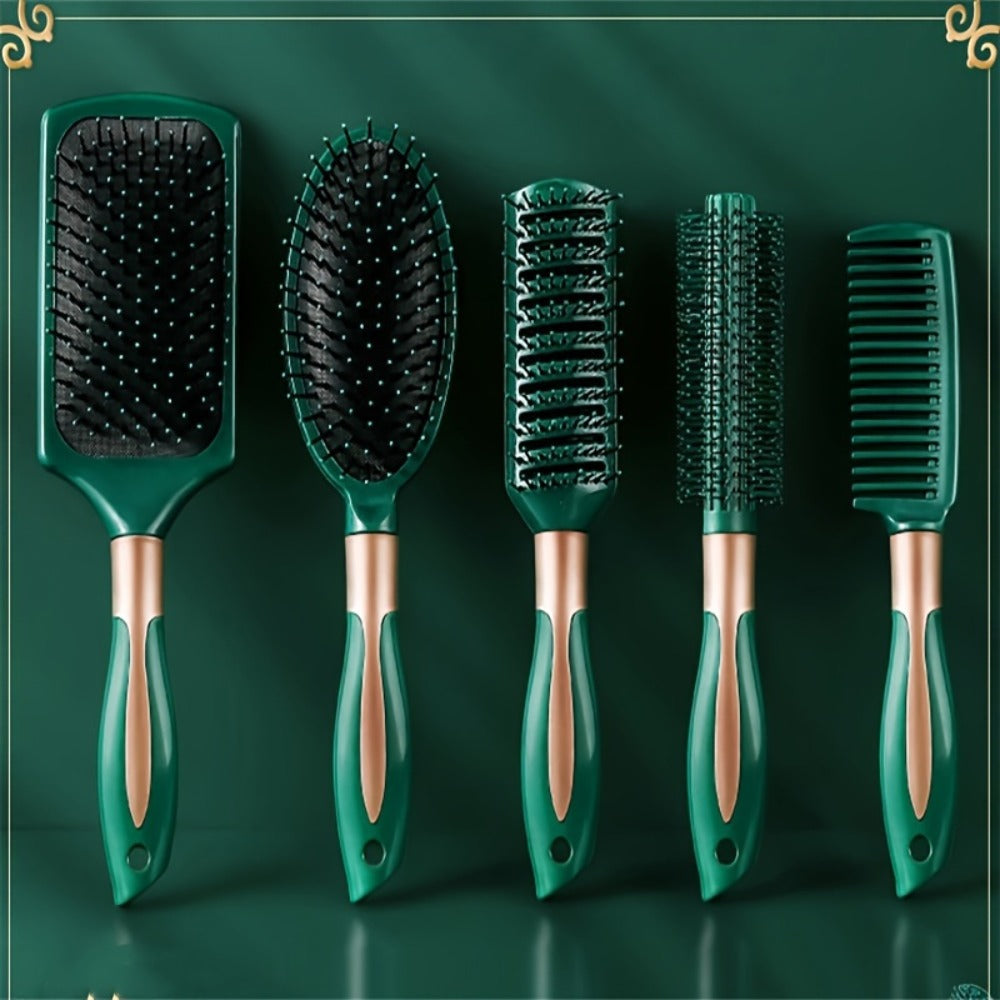 Hair Accessories Five-Piece Green Brush and Comb Set with Cushion Brush, Pick and Styling Tools — image 4