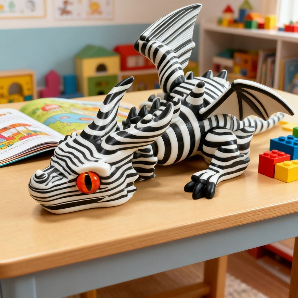 Articulated Black-and-White Swirl Dragon Figurine with Poseable Segments and Random Eye Color for Desktop Display — image 11