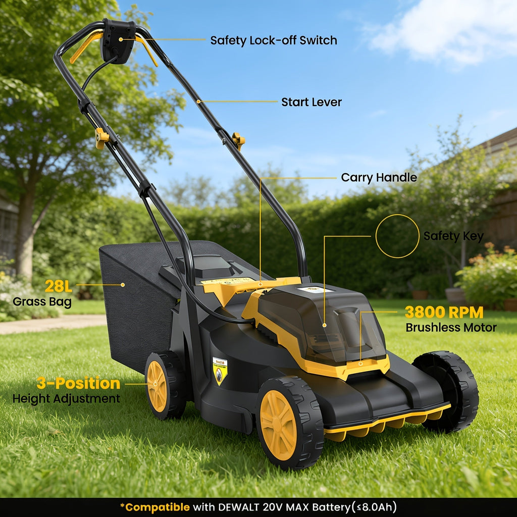Brushless Cordless Lawn Mower 20V Compatible with Dewalt 20V MAX Battery 14-Inch 700W Pure Copper Motor for Garden, Patio and