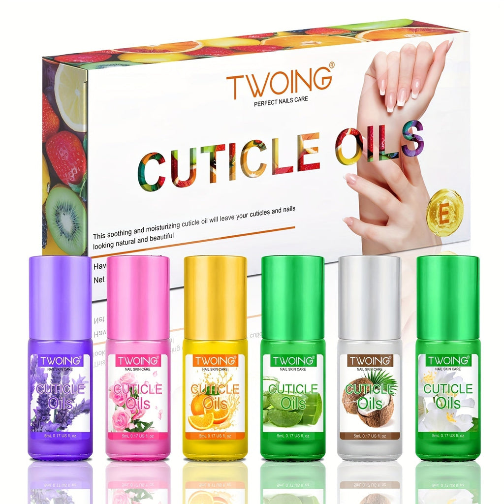 Cuticle Oil Set 6 Scents with Jojoba Oil Grape Seed Oil & Vitamin E – Paraben-Free Plant-Based Daily Nail Treatment for Dry D