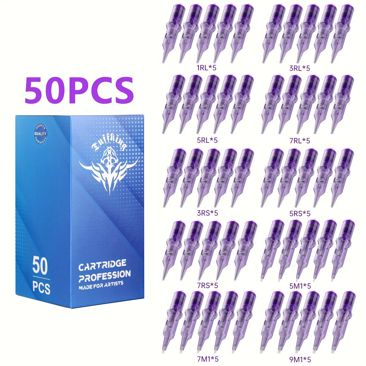 Tattoo Cartridge Needles 30 50pcs Purple RL RS RM M1 Mixed Sizes - Tuffking Disposable for Temporary Body Art, Festivals and 
