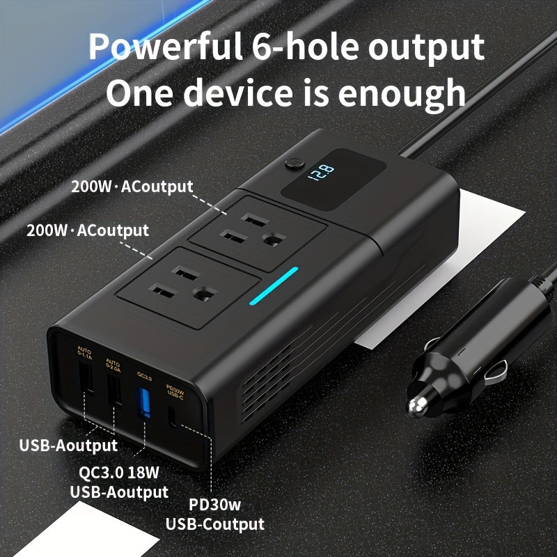 Black 200W Elongated Car Power Inverter Hub with Multiple 110V AC Outlets, USB Ports and Display — image 4