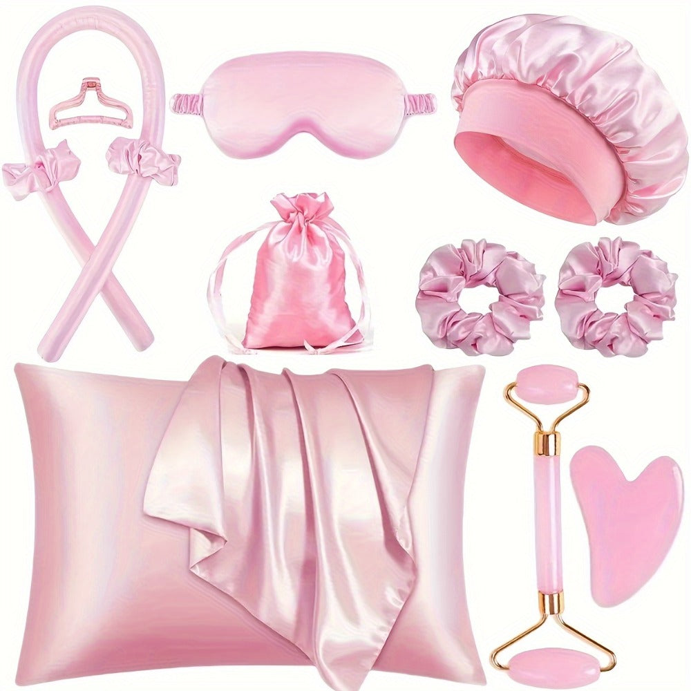 Heatless Curling Set 12pcs Overnight Sleep Hair Curlers Satin Sleep Cap Eye Mask Facial Roller Hairband Storage Bag No Heat D
