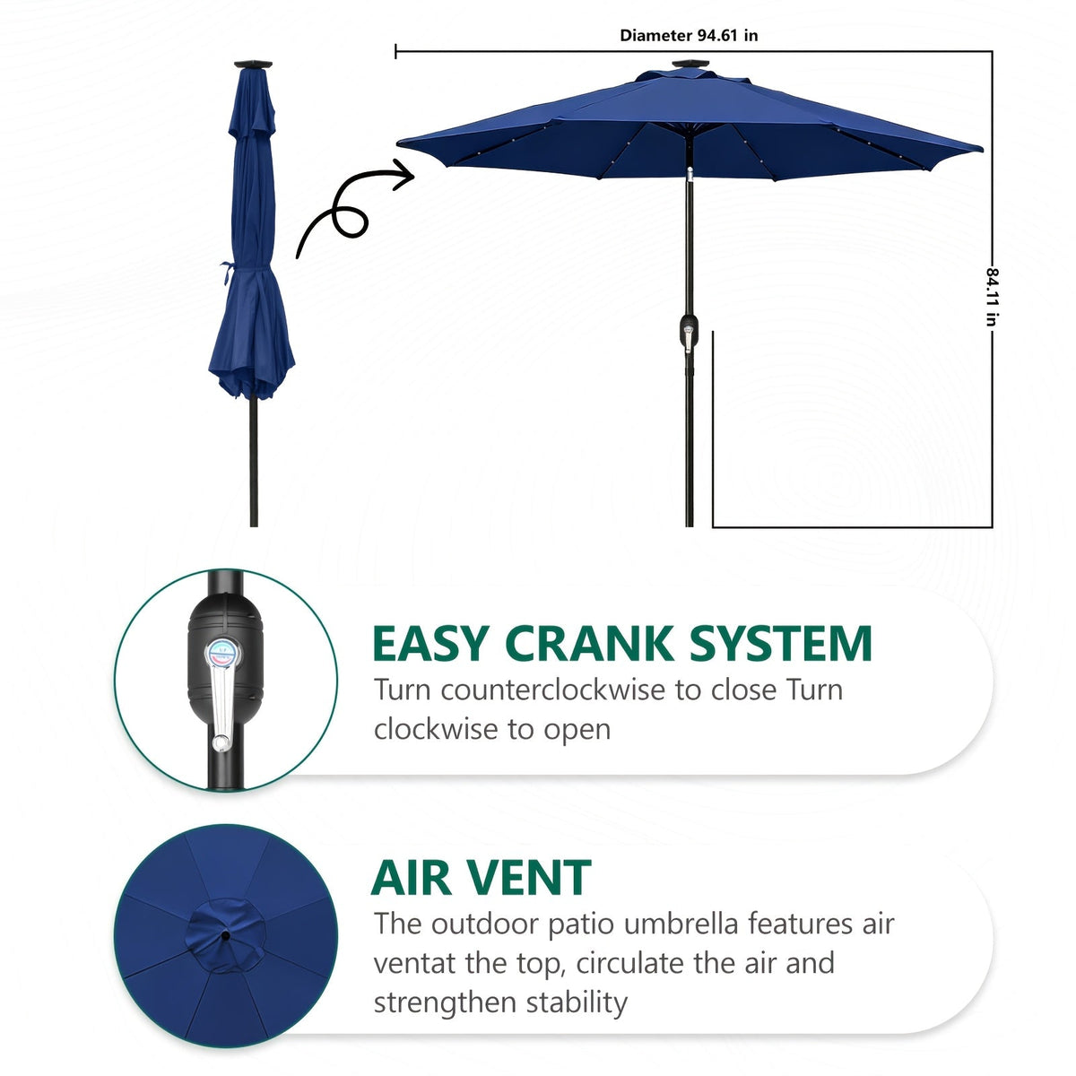 Patio Umbrella 9FT Solar LED Center-Pole Style in Sky Blue, Deep Blue or Khaki for Outdoor Shade — image 3