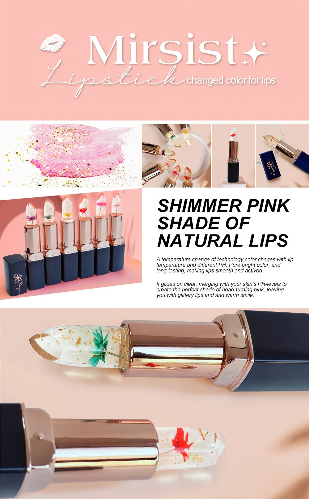 Flower Shaped pH Lip Balm Set 6pcs Individually Wrapped – Color Changing Transparent to Pink Tint, 6 Flavors Deep Moisturizin