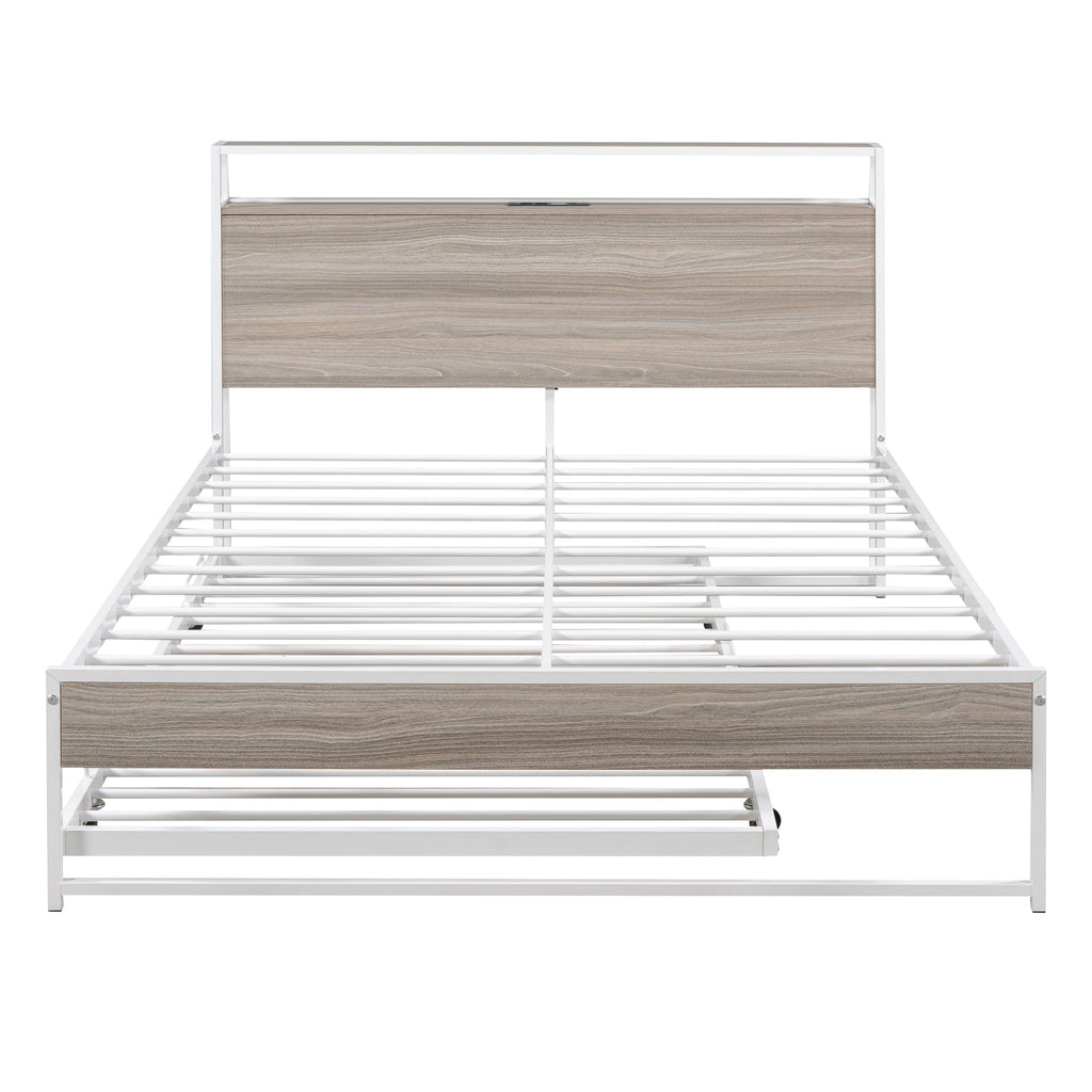 Full Size Metal Platform Bed Frame with Trundle, USB Ports and Slat Support No Box Spring Needed White