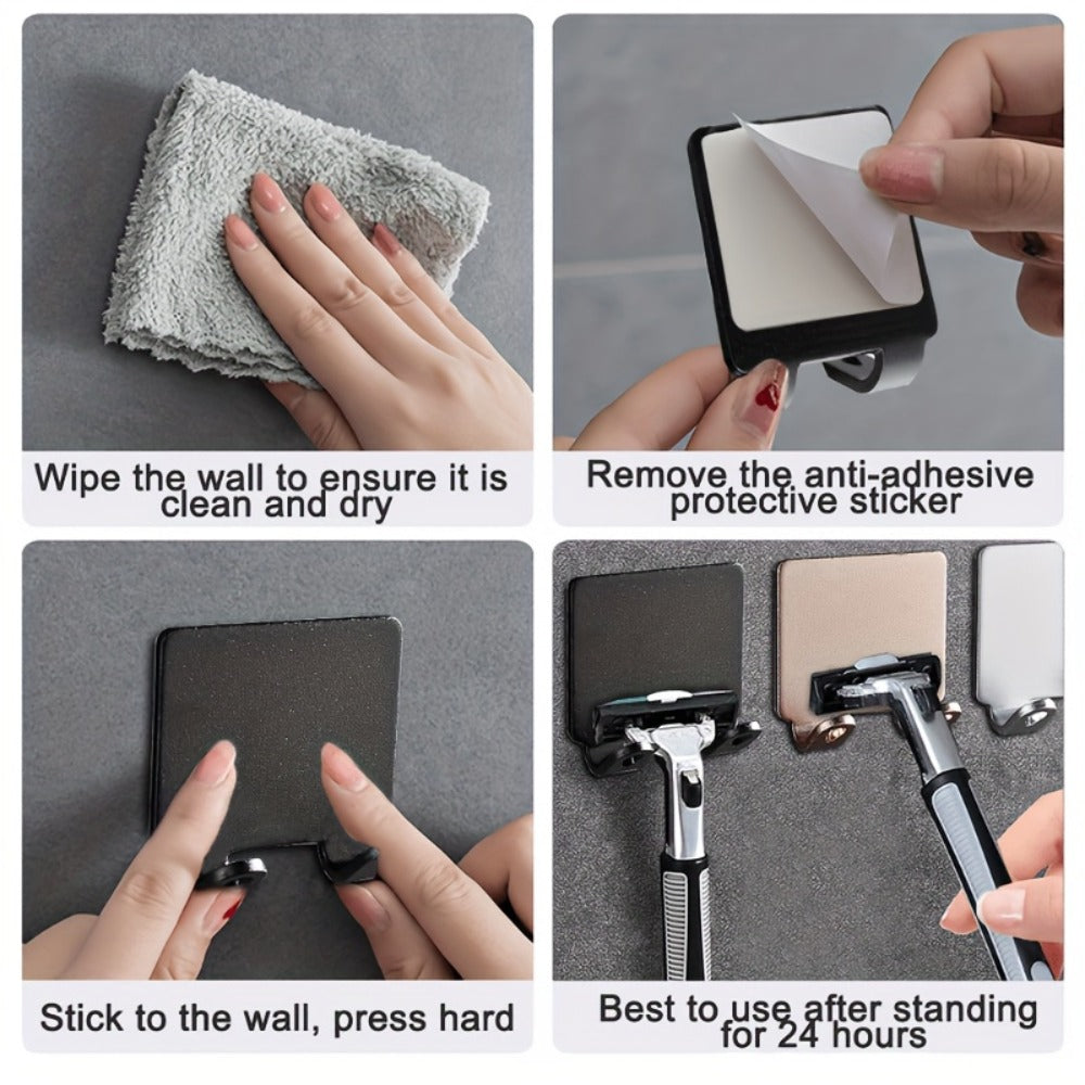Wall-Mounted Razor Holder 5-Piece Set with Twin Hooks, Adhesive Backing and Silver or Black Options — image 5