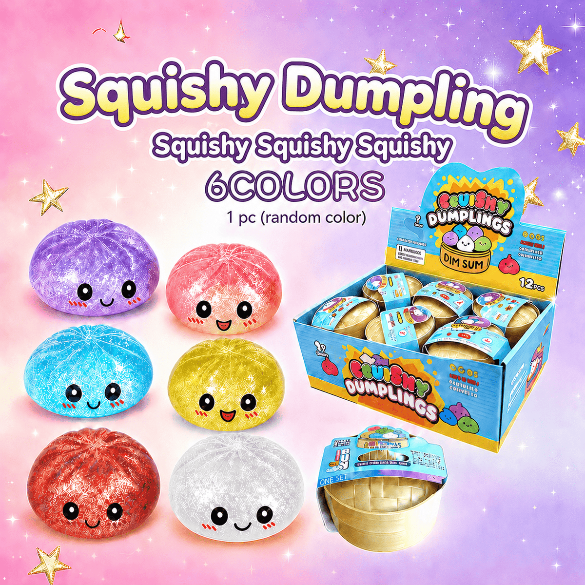Dumpling Squishy Mystery Ball Single Pack, Random Glitter Color Stress Ball with Steamer Basket Design — image 1