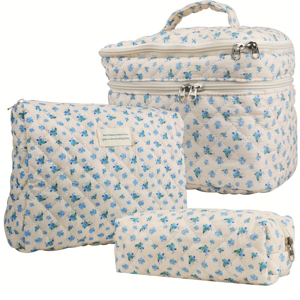 Makeup Bag Three-Piece Quilted Cotton Dual-Layer Floral Pouch Set for Travel, Vanity and Everyday Beauty Storage — image 4